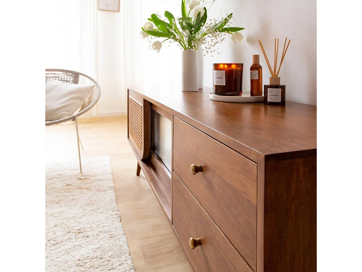 Mueble TV vintage de madera de mango con caña y almacenamiento práctico para dispositivos multimedia