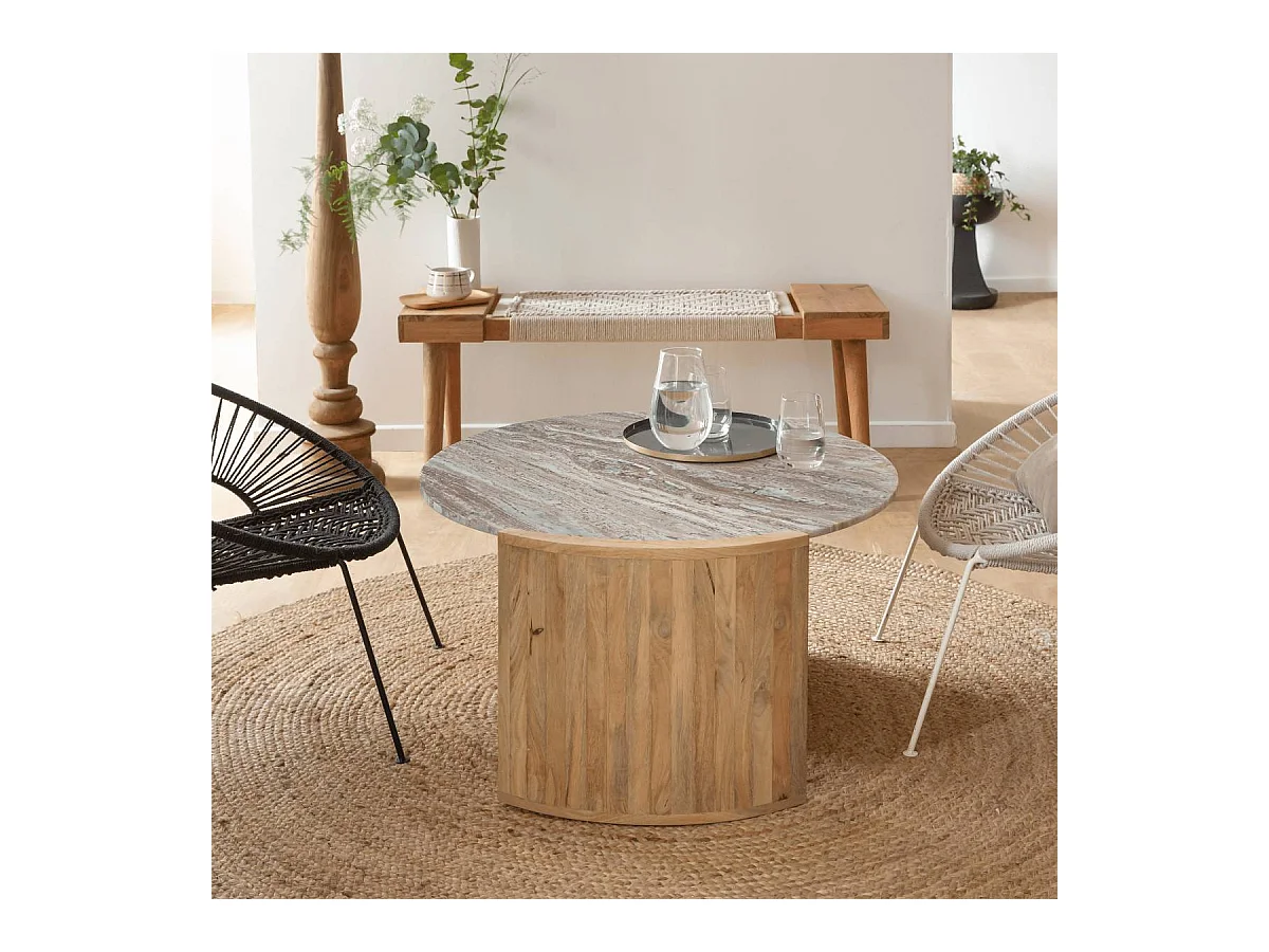 Table basse en bois de manguier et marbre Isabella