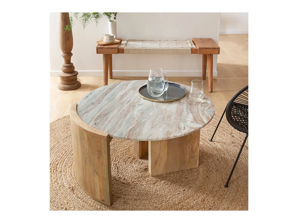 Mesa de centro de madera de mango y mármol Isabella con almacenamiento