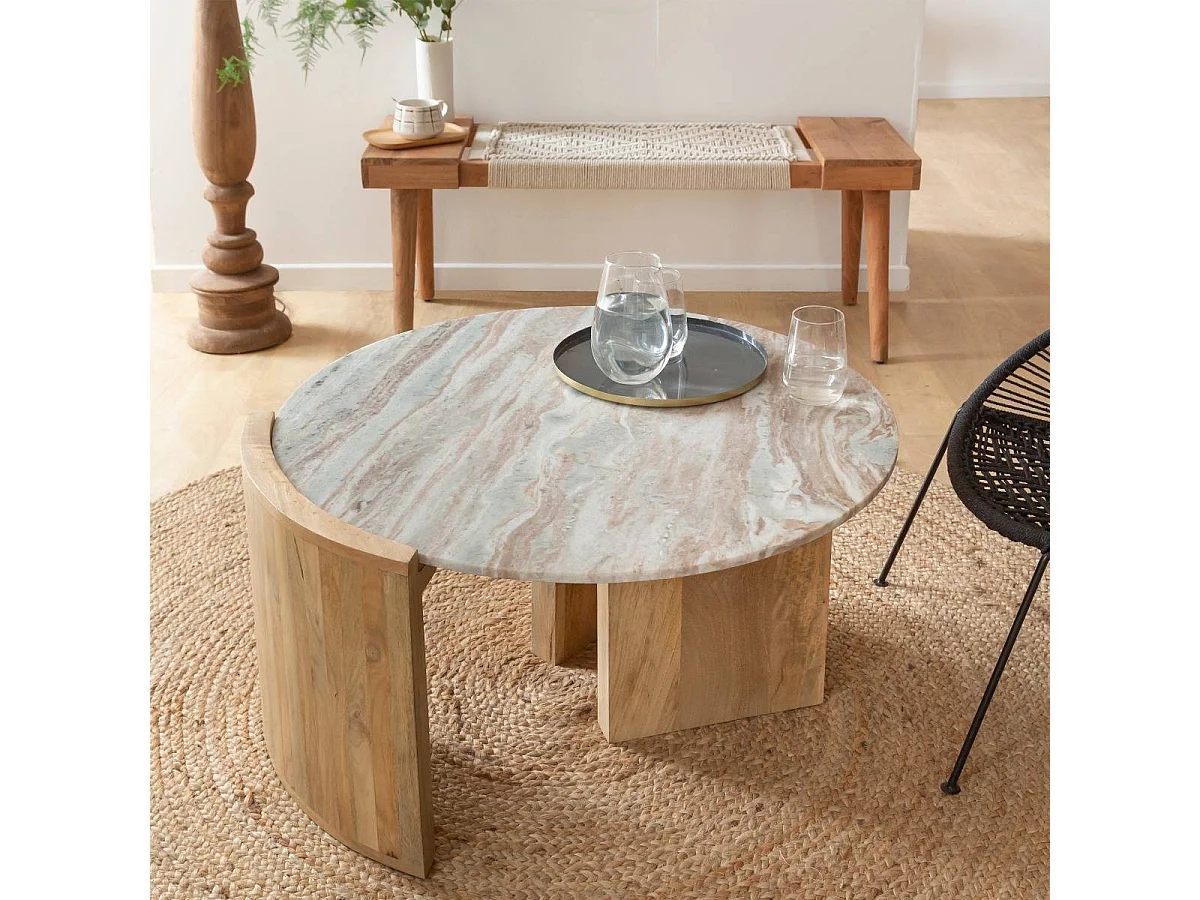 Table basse en bois de manguier et marbre Isabella