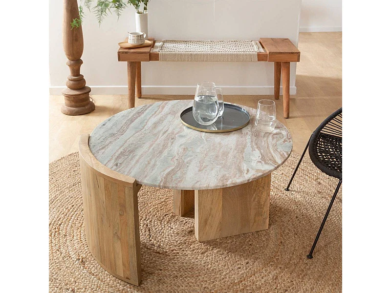 Table basse en bois de manguier et marbre Isabella