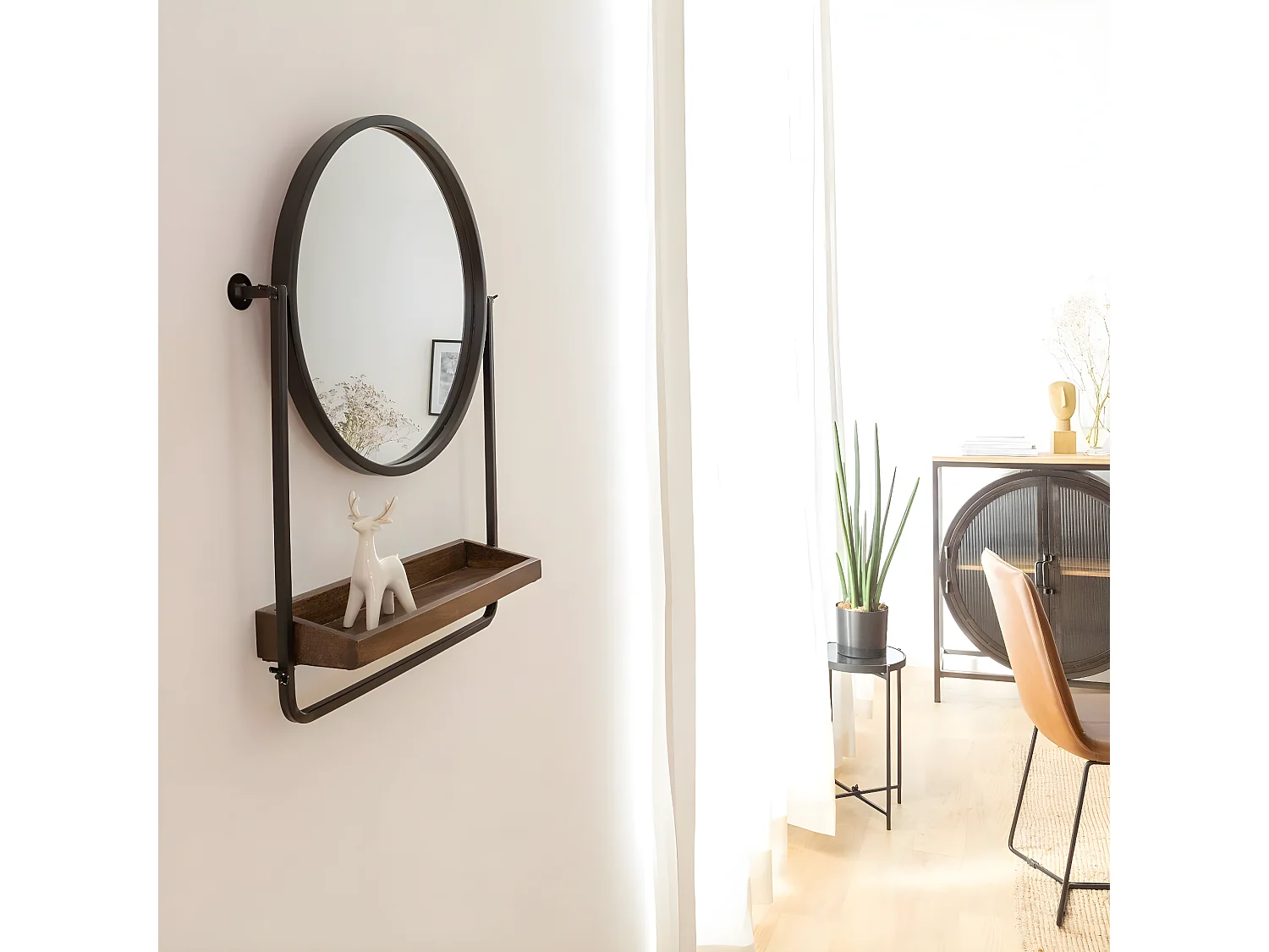 Miroir rond avec étagère en bois et métal Gary