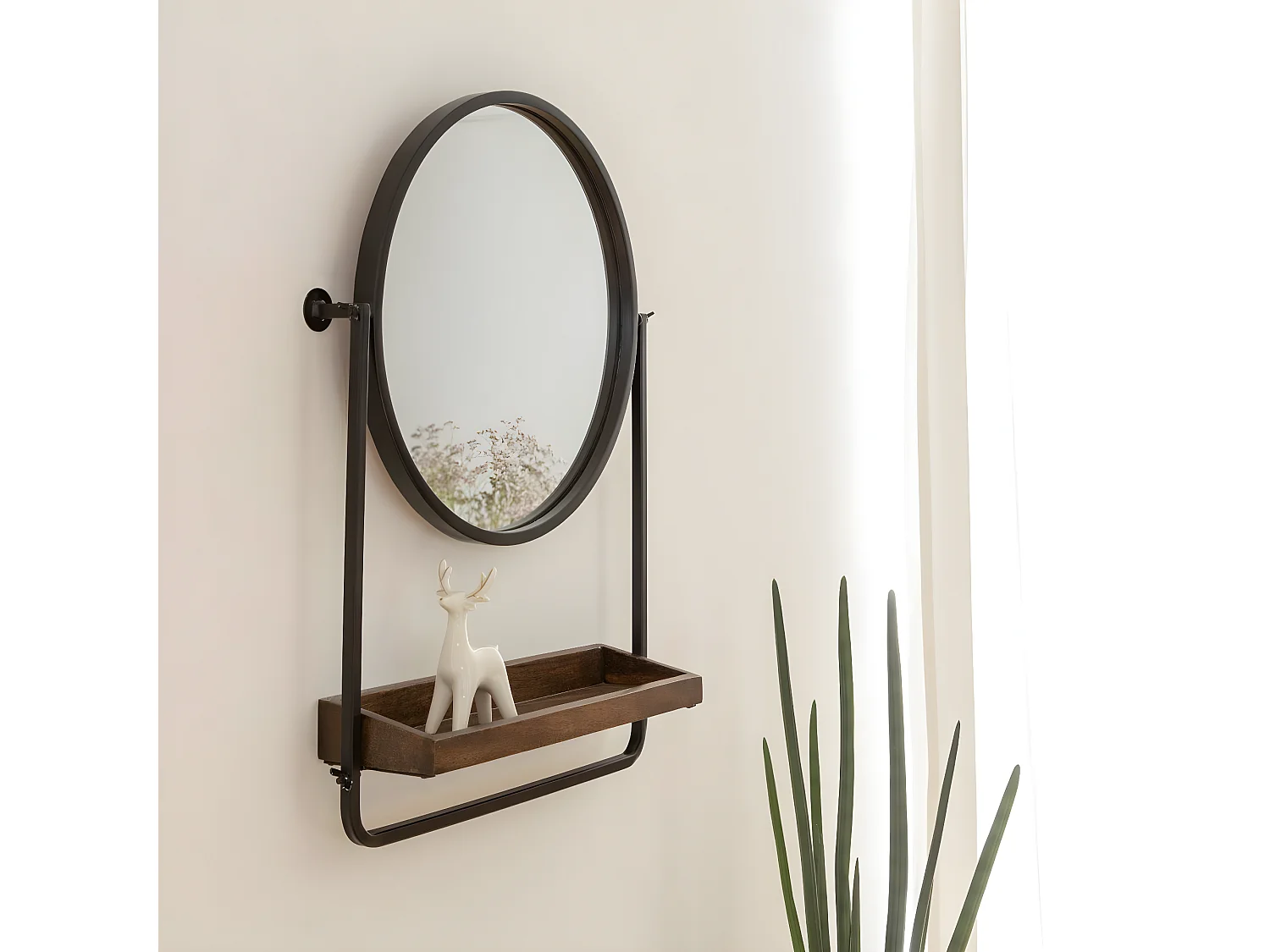 Miroir rond avec étagère en bois et métal Gary