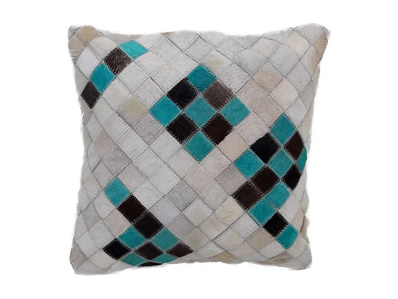 Coussin 45x45 fait à la main en peau de vache turquoise DIMEDE