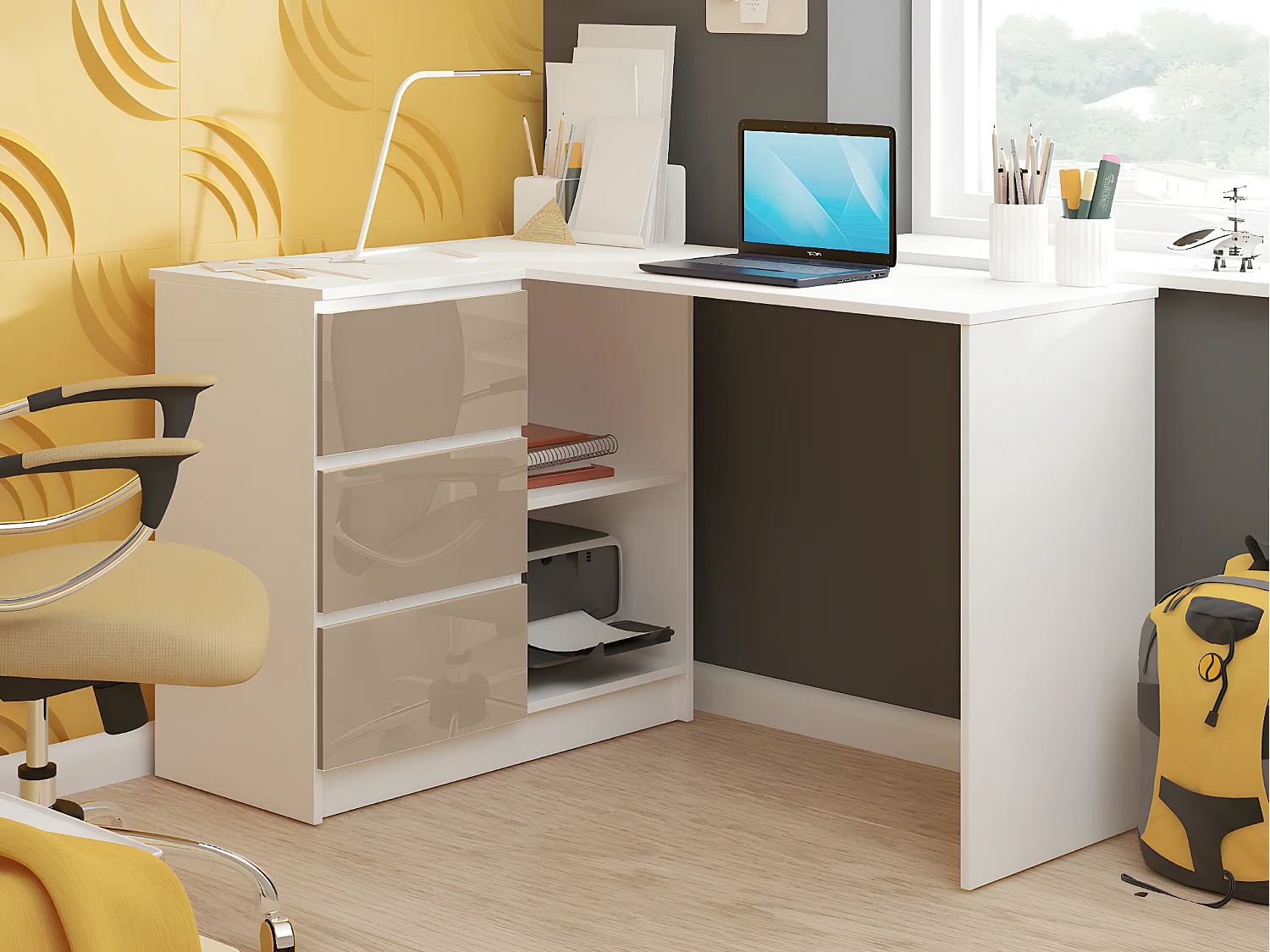 SUNDAR | Bureau informatique d'angle moderne 124x85x77 | 3 tiroirs + 2 grandes niches | Table ordinateur multi-rangements