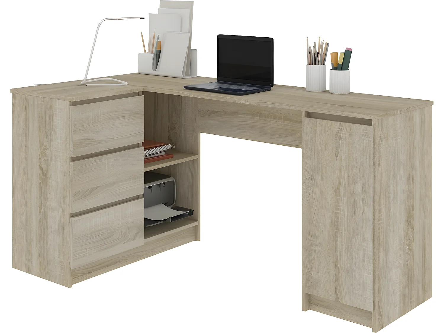 BALAUR | Bureau informatique d'angle chambre/bureau 155x85x77 cm | 3 tiroirs | Table ordinateur multi-rangements