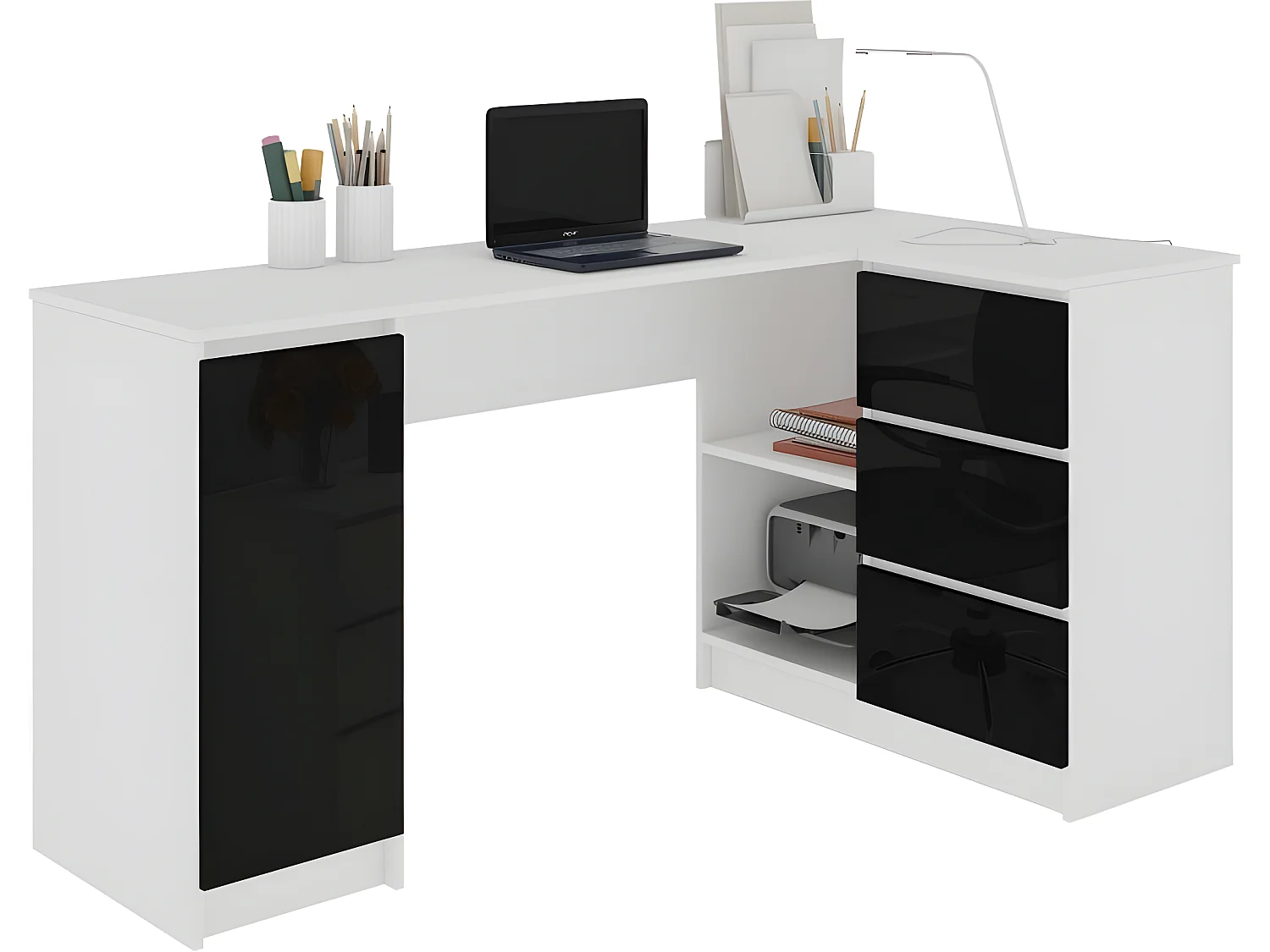 BALAUR | Bureau informatique d'angle moderne 155x85x77cm | 3 tiroirs gloss  | Table ordinateur multi-rangements