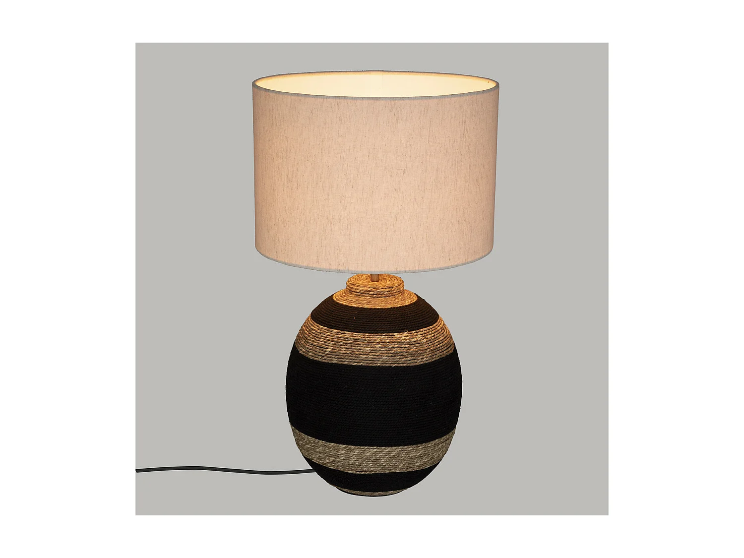 Lampe à poser en Coton Noir et Osier tressé H 58 cm