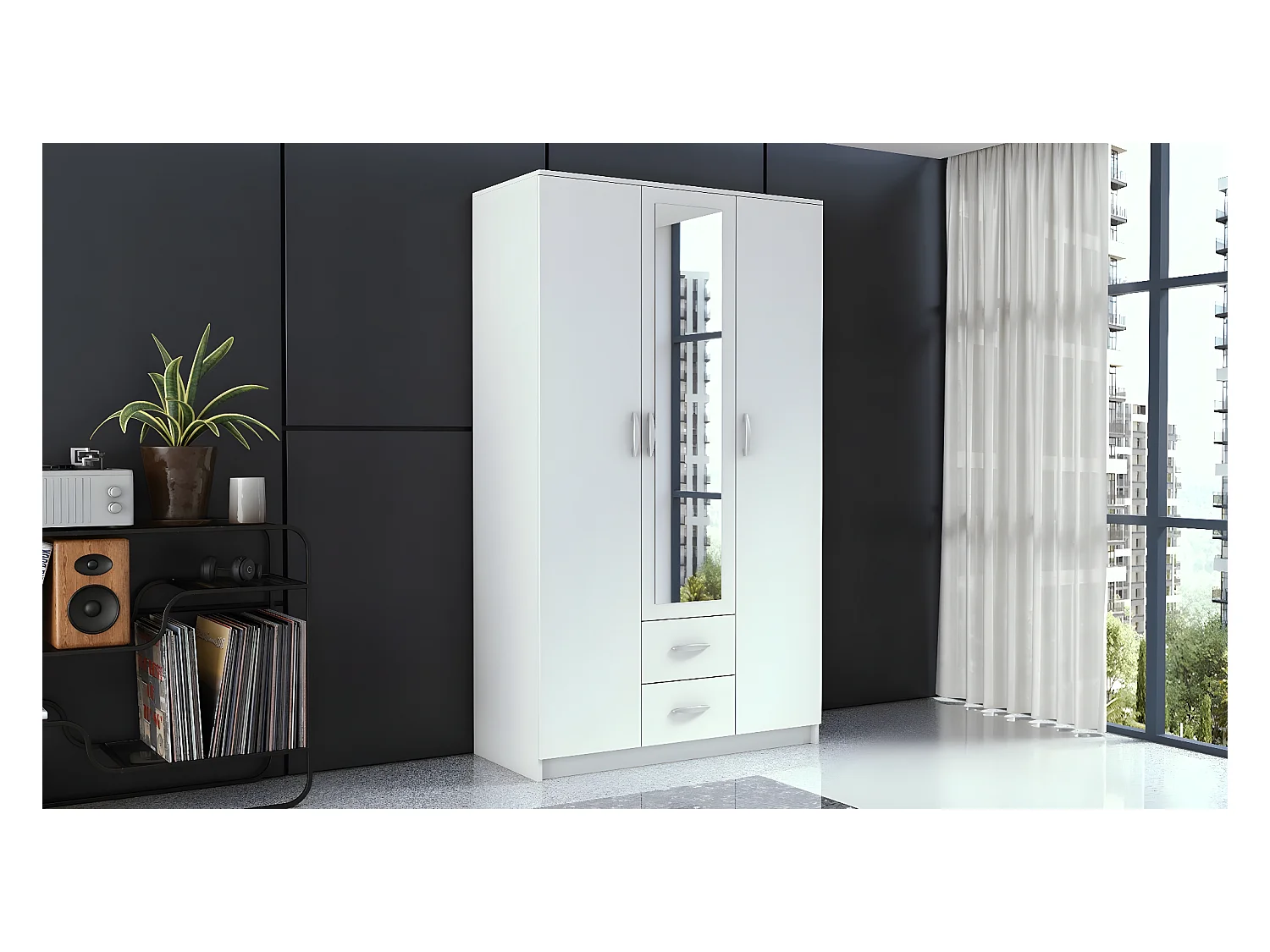 ROMA | Kleiner Schrank Zimmer Büro | Multifunktionaler Kleiderschrank | 2 Türen | Spiegel | 2 Schubladen | Aufbewahrungsmöbel | Dressing