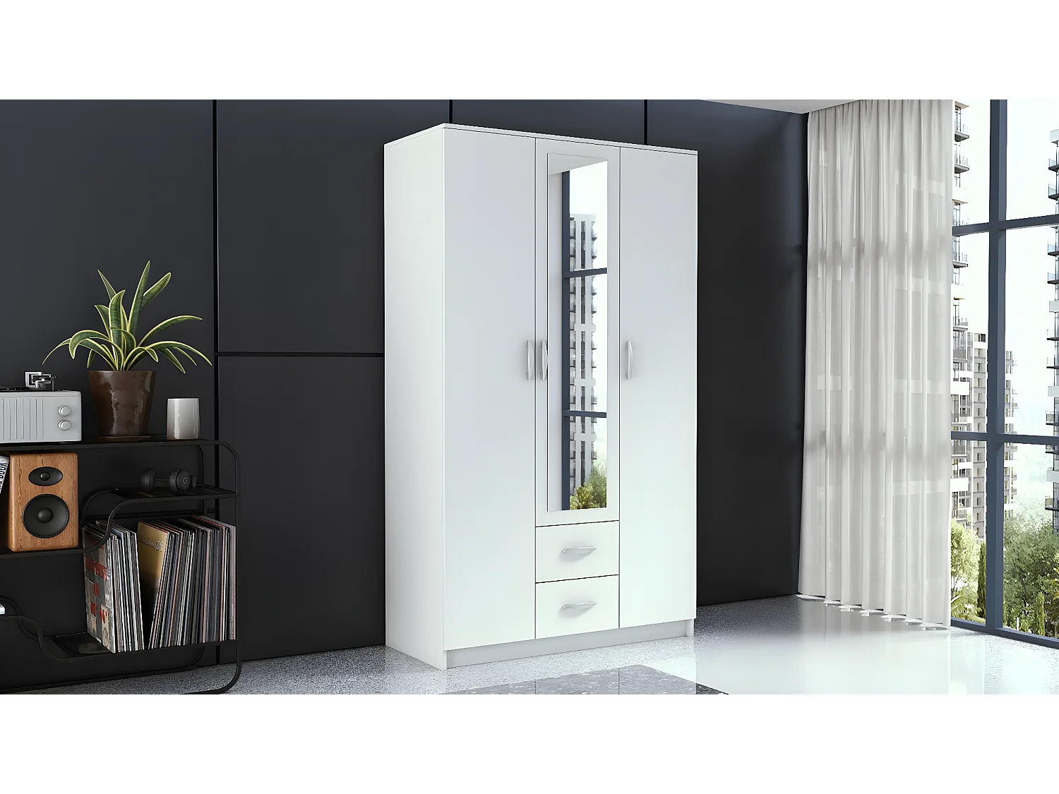 ROMA | Ufficio camera da letto piccolo armadio | Armadio multifunzione | 2 ante | Specchio | 2 cassetti | Armadio di stoccaggio | Camerino