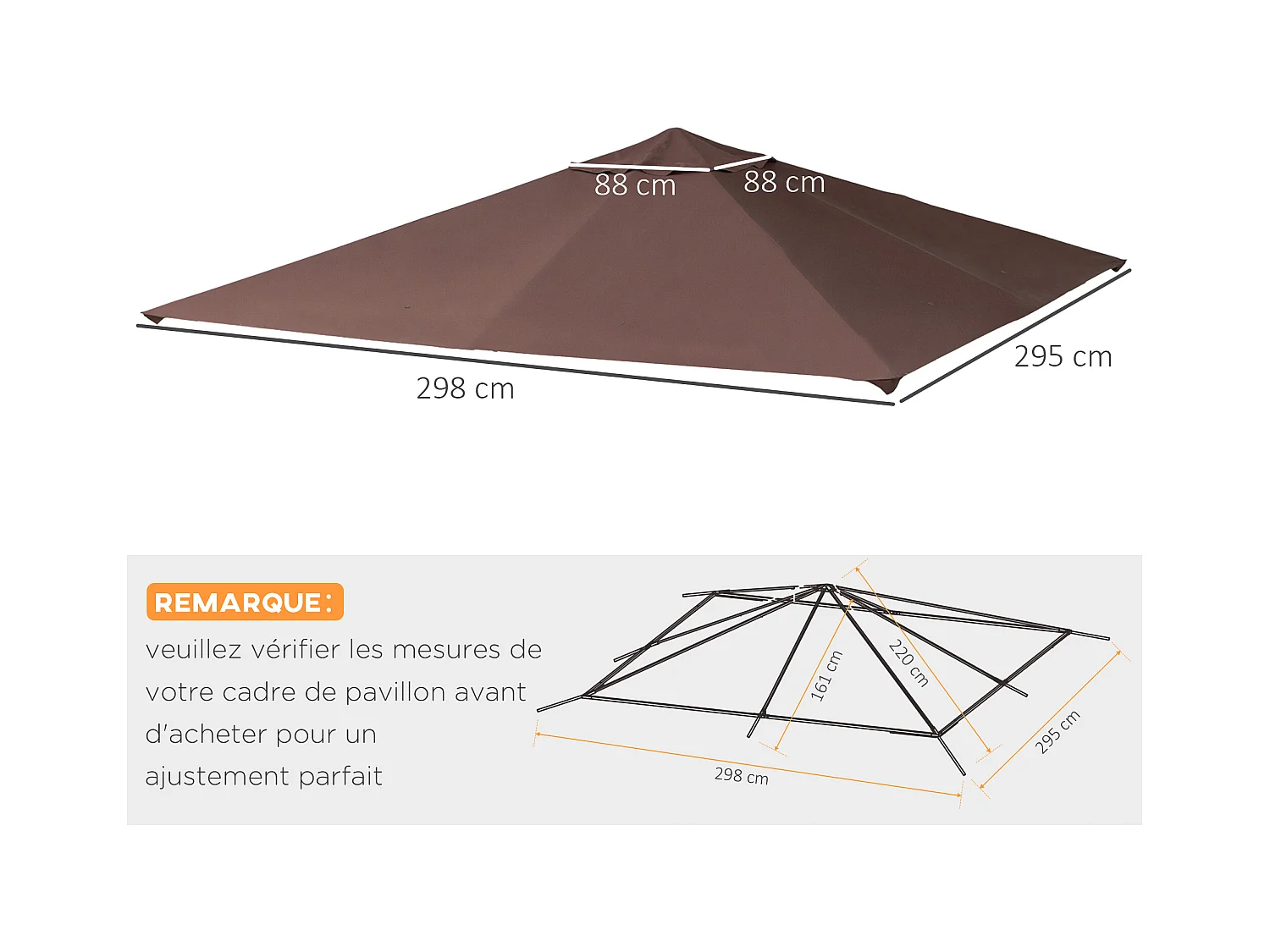 Toile de rechange pour pavillon tonnelle tente 3 x 3 m polyester haute densité 180 g/m² revêtement PA anti-UV chocolat
