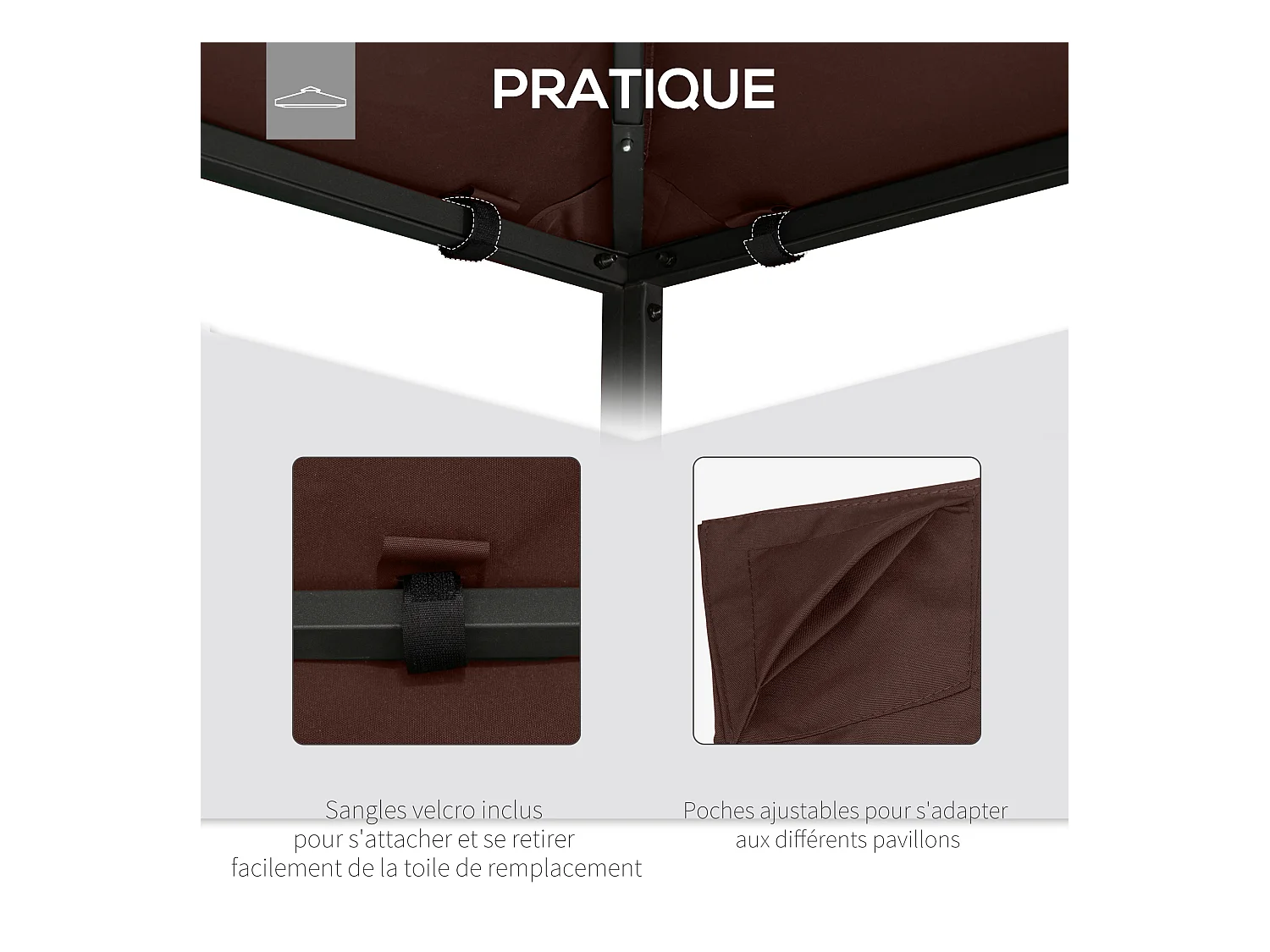 Toile de rechange pour pavillon tonnelle tente 3 x 3 m polyester haute densité 180 g/m² revêtement PA anti-UV chocolat