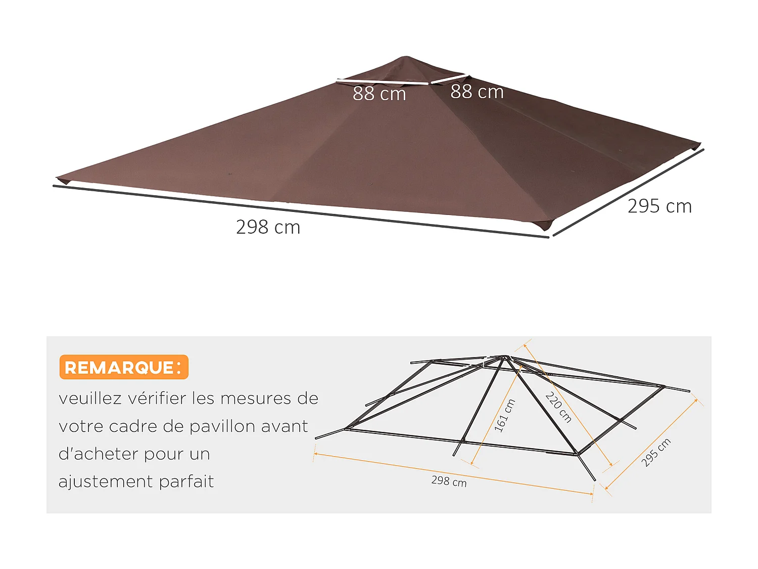 Toile de rechange pour pavillon tonnelle tente 3 x 3 m polyester haute densité 180 g/m² revêtement PA anti-UV chocolat