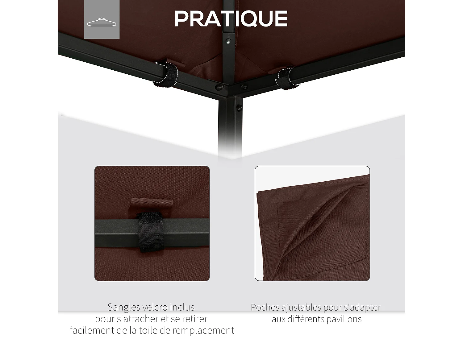 Toile de rechange pour pavillon tonnelle tente 3 x 3 m polyester haute densité 180 g/m² revêtement PA anti-UV chocolat