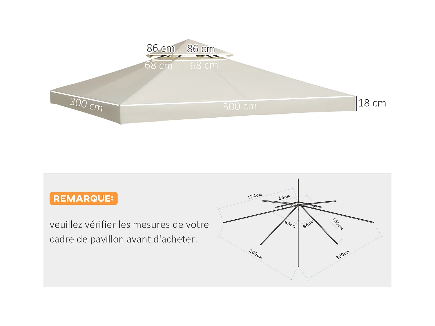 Toile de toit de rechange pour pavillon tonnelle tente 3x3m crème