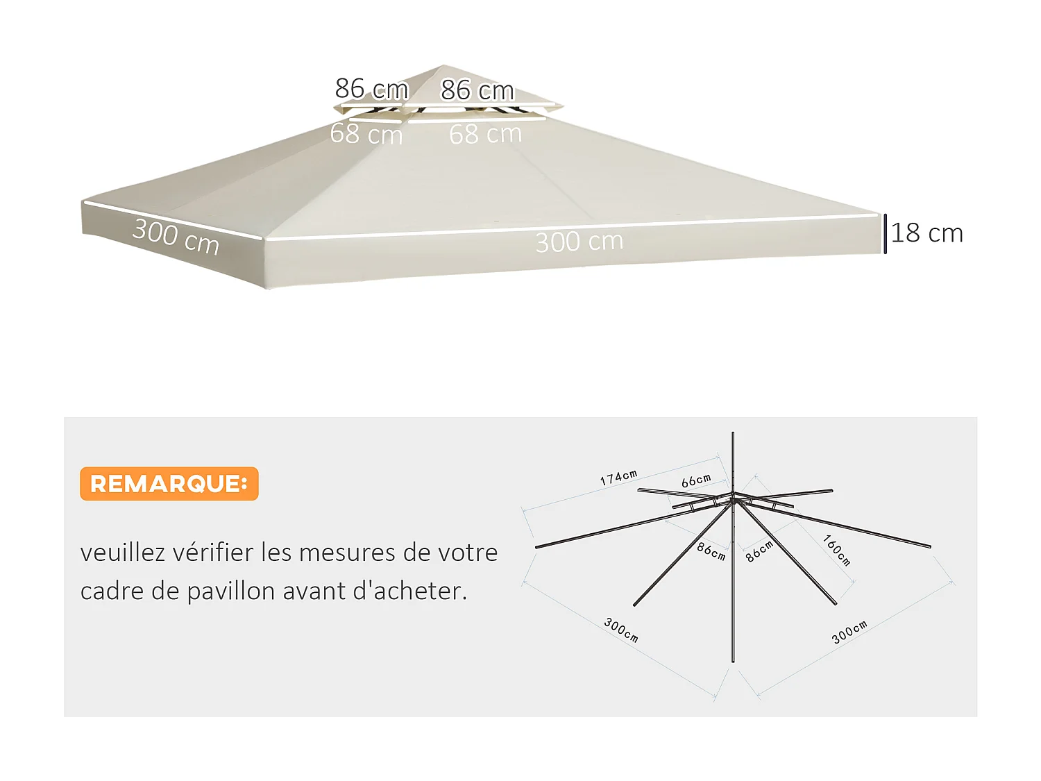 Toile de toit de rechange pour pavillon tonnelle tente 3x3m crème