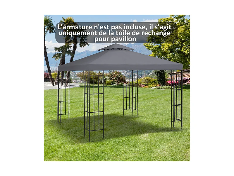 Toile de rechange pour pavillon tonnelle tente 3 x 3 m polyester haute densité 180 g/m² gris