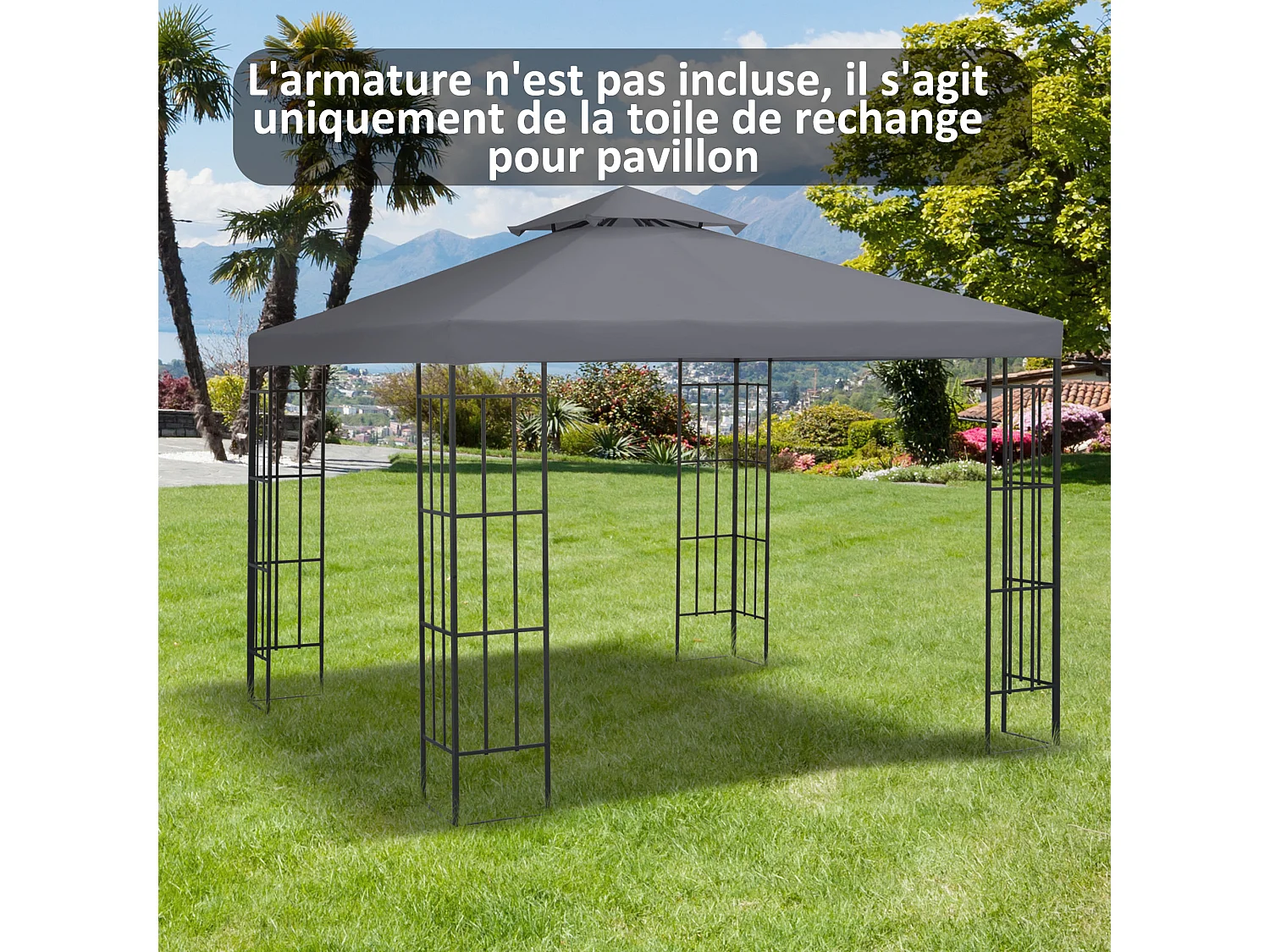 Toile de rechange pour pavillon tonnelle tente 3 x 3 m polyester haute densité 180 g/m² gris