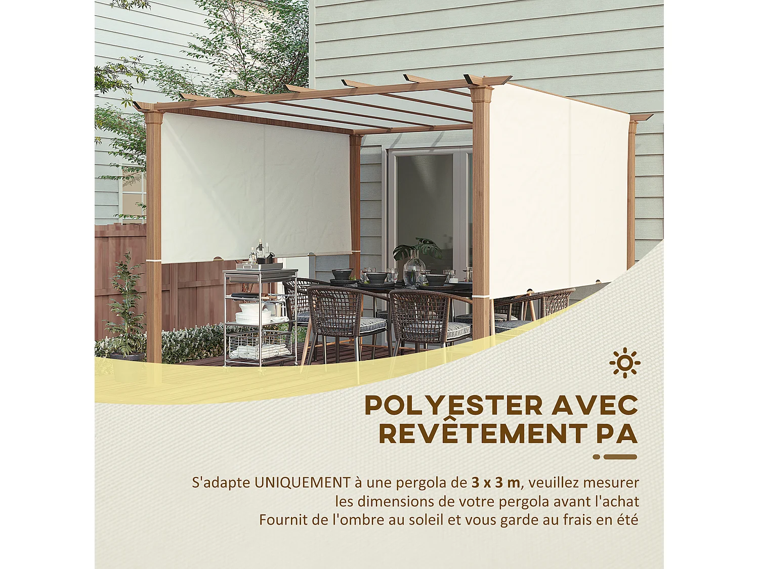 Toile de rechange pour pergola 3 x 3 m polyester haute densité 180 g/m² beige