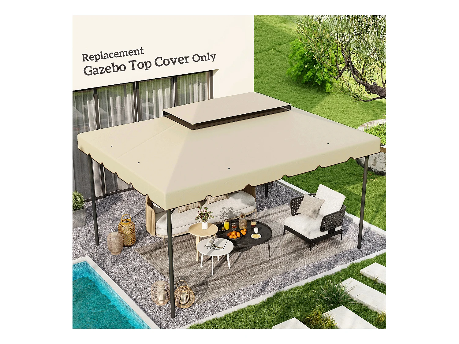 Toile de rechange pour pavillon tonnelle tente 3,90L x 2,90l m polyester haute densité 170 g/m² beige