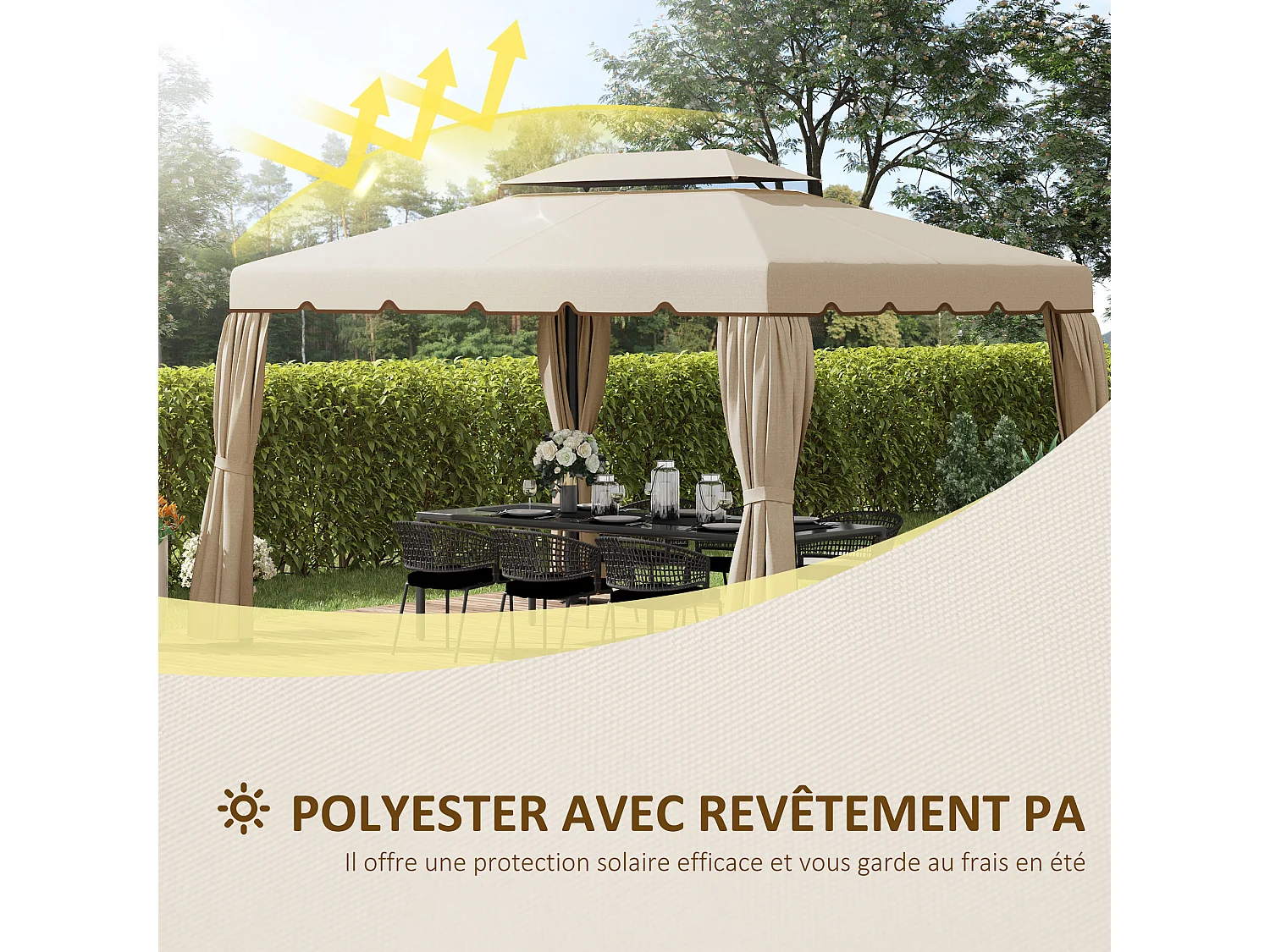 Toile de rechange pour pavillon tonnelle tente 3,90L x 2,90l m polyester haute densité 170 g/m² beige