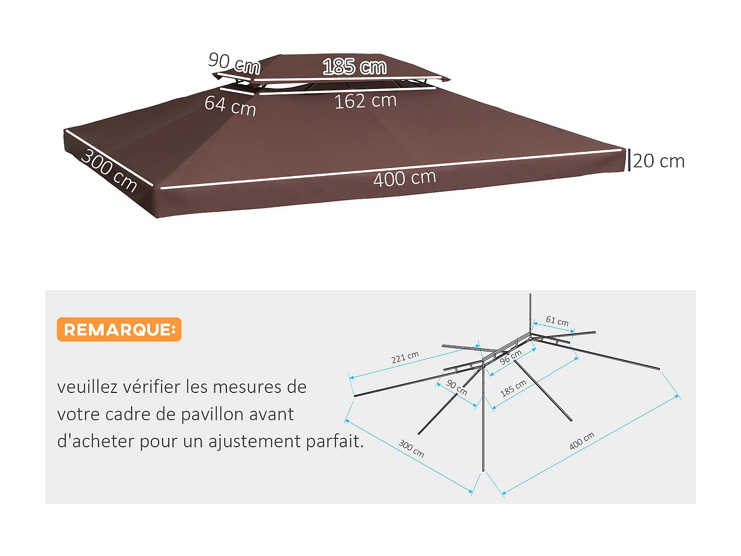 Toile de Rechange pour Pavillon Tonnelle Tente Polyester Haute Densité Imperméabilisé 180 g/m² 3 x 4 m Chocolat