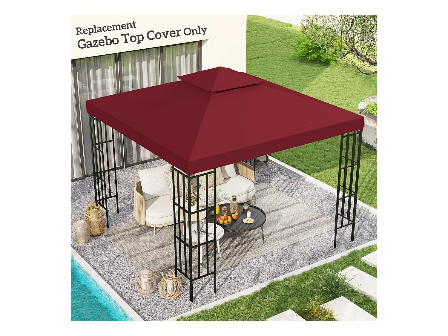 Toile de rechange pour pavillon tonnelle tente 3 x 3 m polyester haute densité 180 g/m² bordeaux