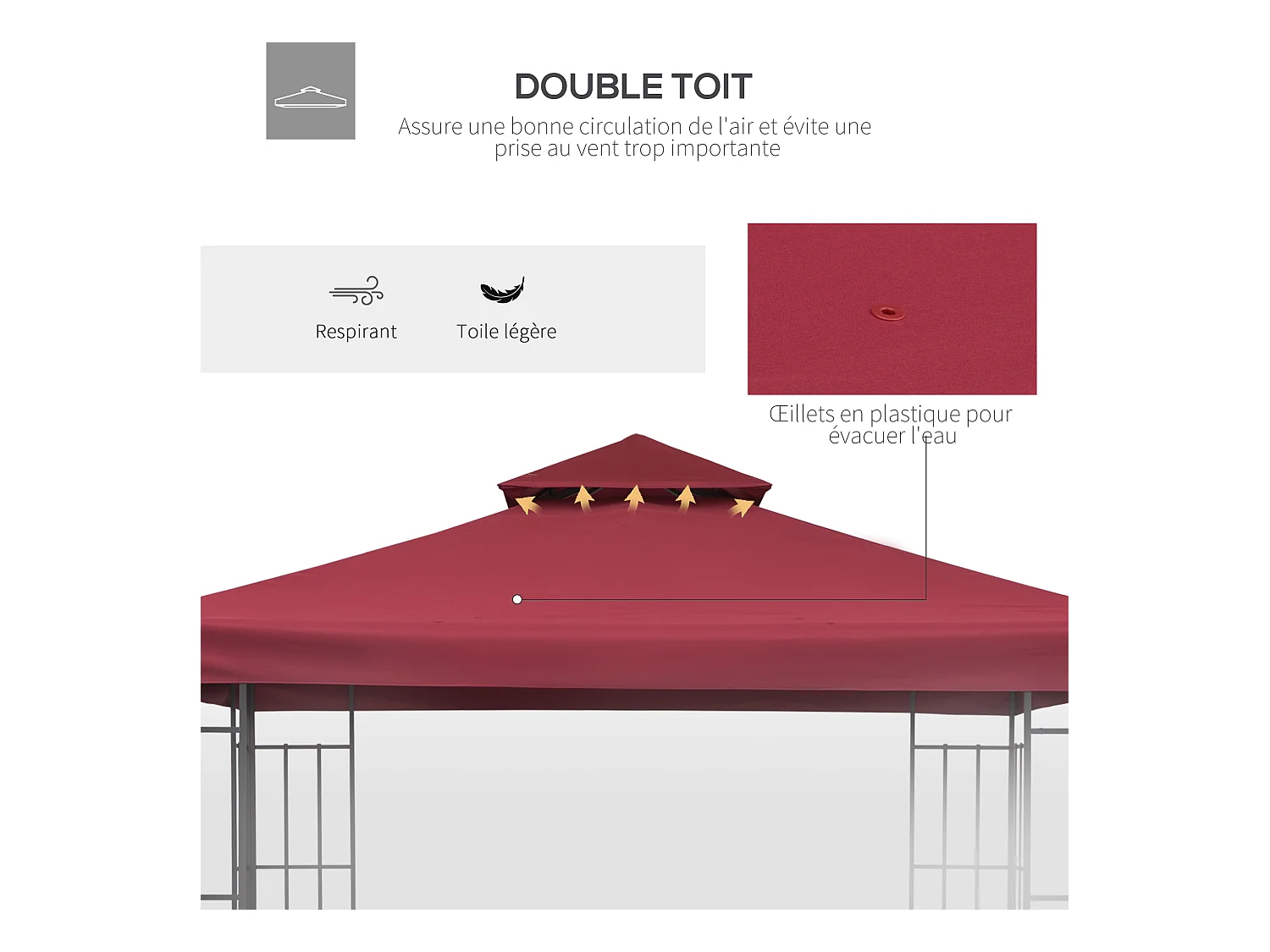 Toile de rechange pour pavillon tonnelle tente 3 x 3 m polyester haute densité 180 g/m² bordeaux