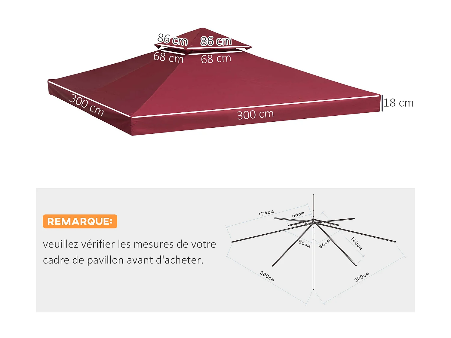 Toile de rechange pour pavillon tonnelle tente 3 x 3 m polyester haute densité 180 g/m² bordeaux
