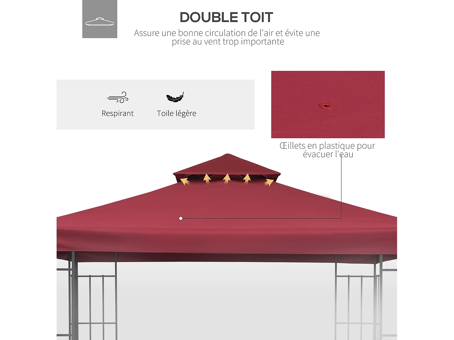 Toile de rechange pour pavillon tonnelle tente 3 x 3 m polyester haute densité 180 g/m² bordeaux