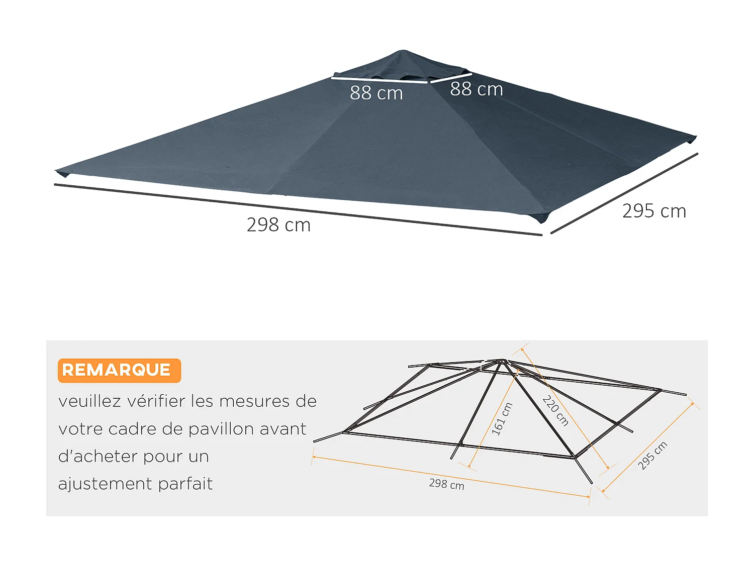 Toile de rechange pour pavillon tonnelle tente 3 x 3 m polyester haute densité 180 g/m² revêtement PA anti-UV gris