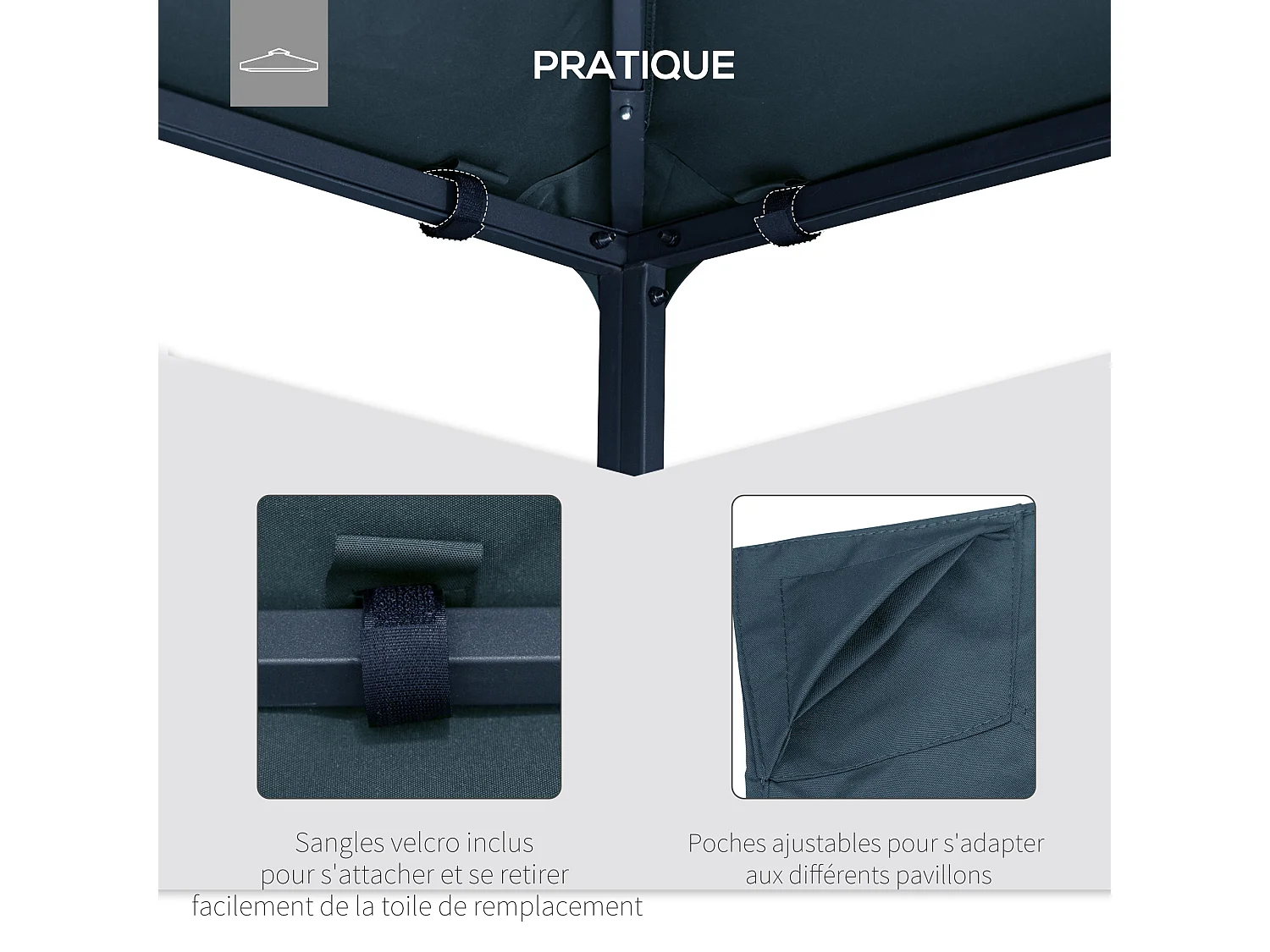 Toile de rechange pour pavillon tonnelle tente 3 x 3 m polyester haute densité 180 g/m² revêtement PA anti-UV gris