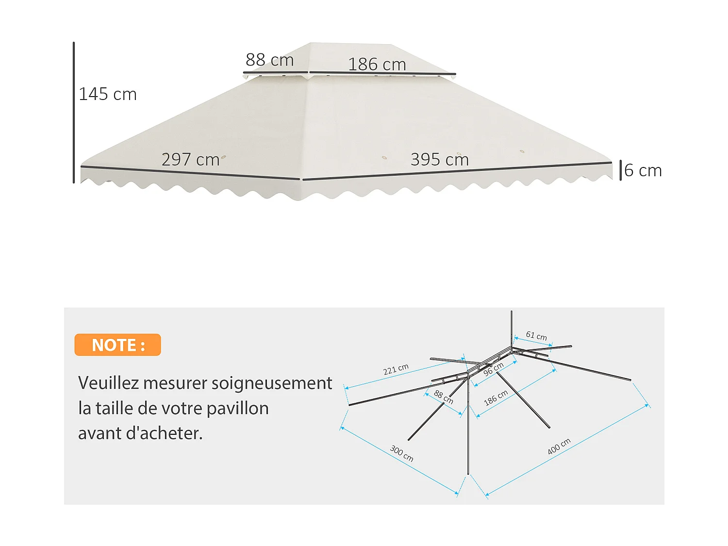 Toile de rechange pour barnum tonnelle 4 x 3 m tissu polyester haute densité 180 g/m² anti-UV crème