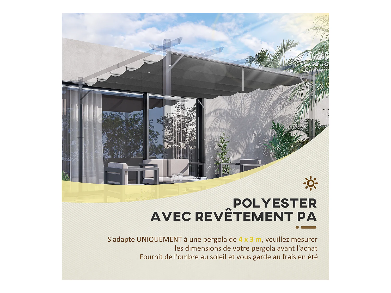 Toile de rechange pour pergola rétractable 3 x 3 m polyester haute densité 180 g/m² imperméabilisé gris