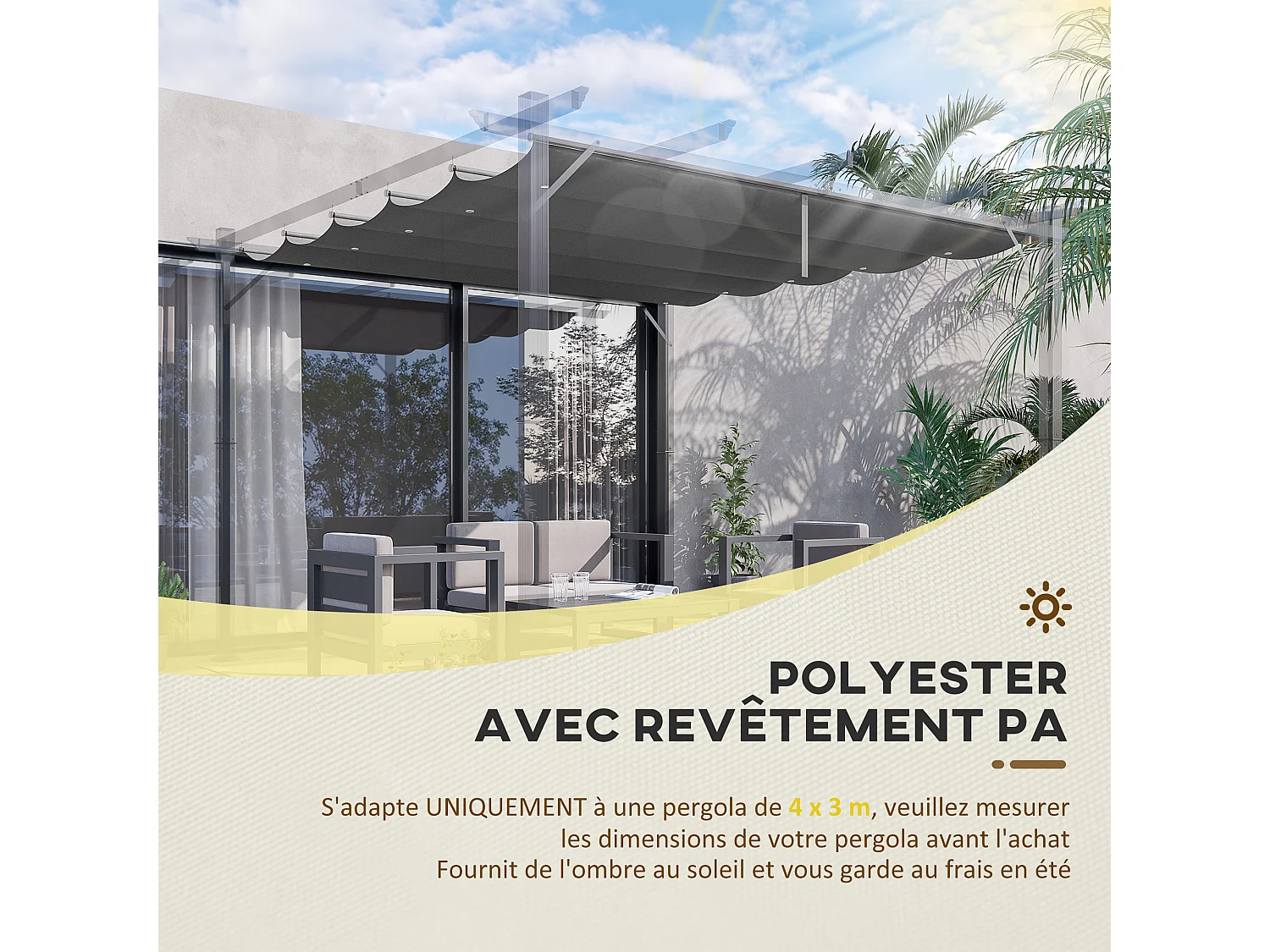 Toile de rechange pour pergola rétractable 3 x 3 m polyester haute densité 180 g/m² imperméabilisé gris