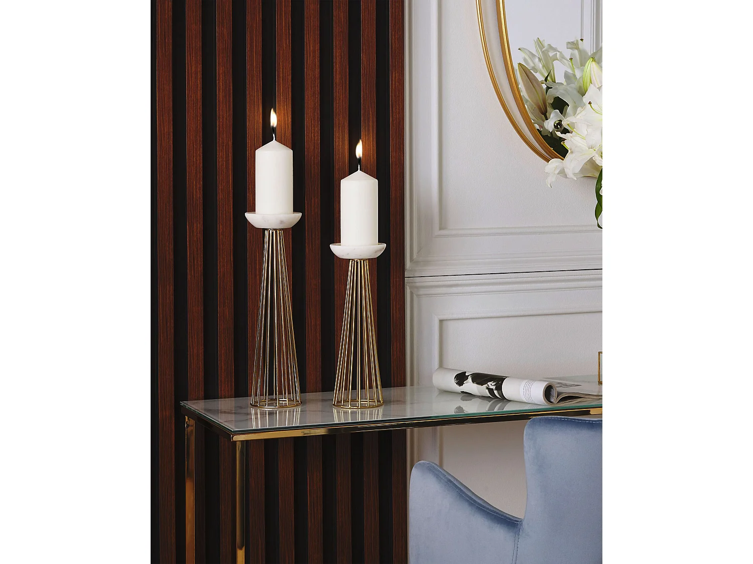 Kerzenständer 2-er Set Eisen gold Marmor weiß Tischdeko Glamourös Modern Porong