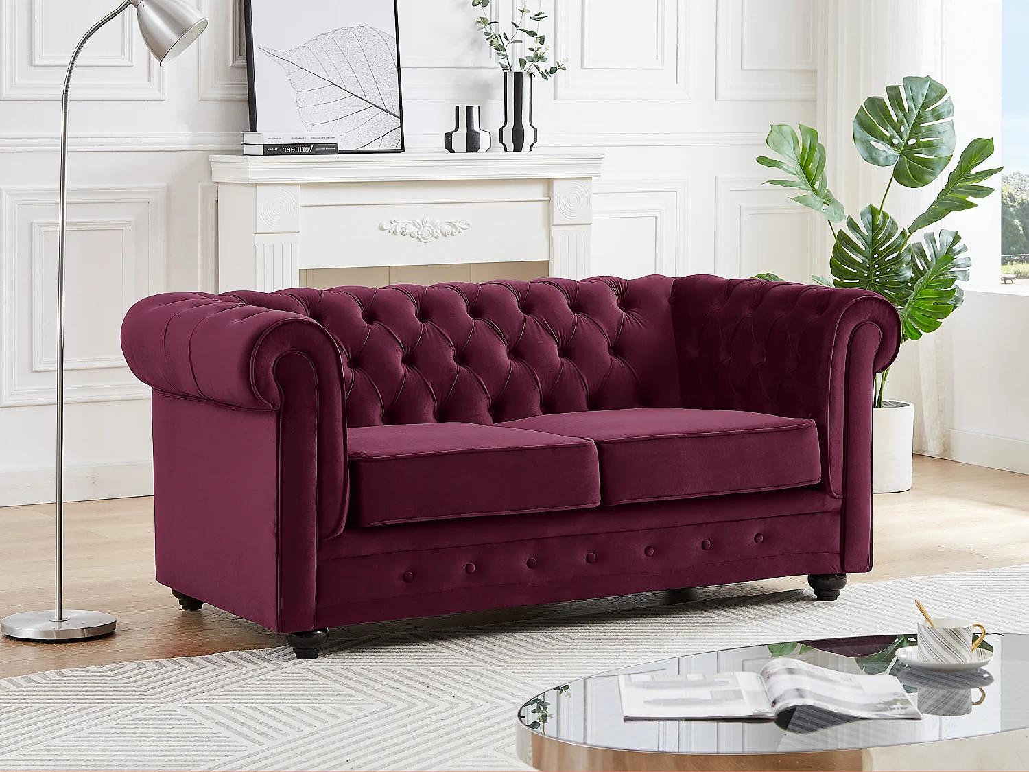 Canapé 2 places velours pourpre CHESTERFIELD