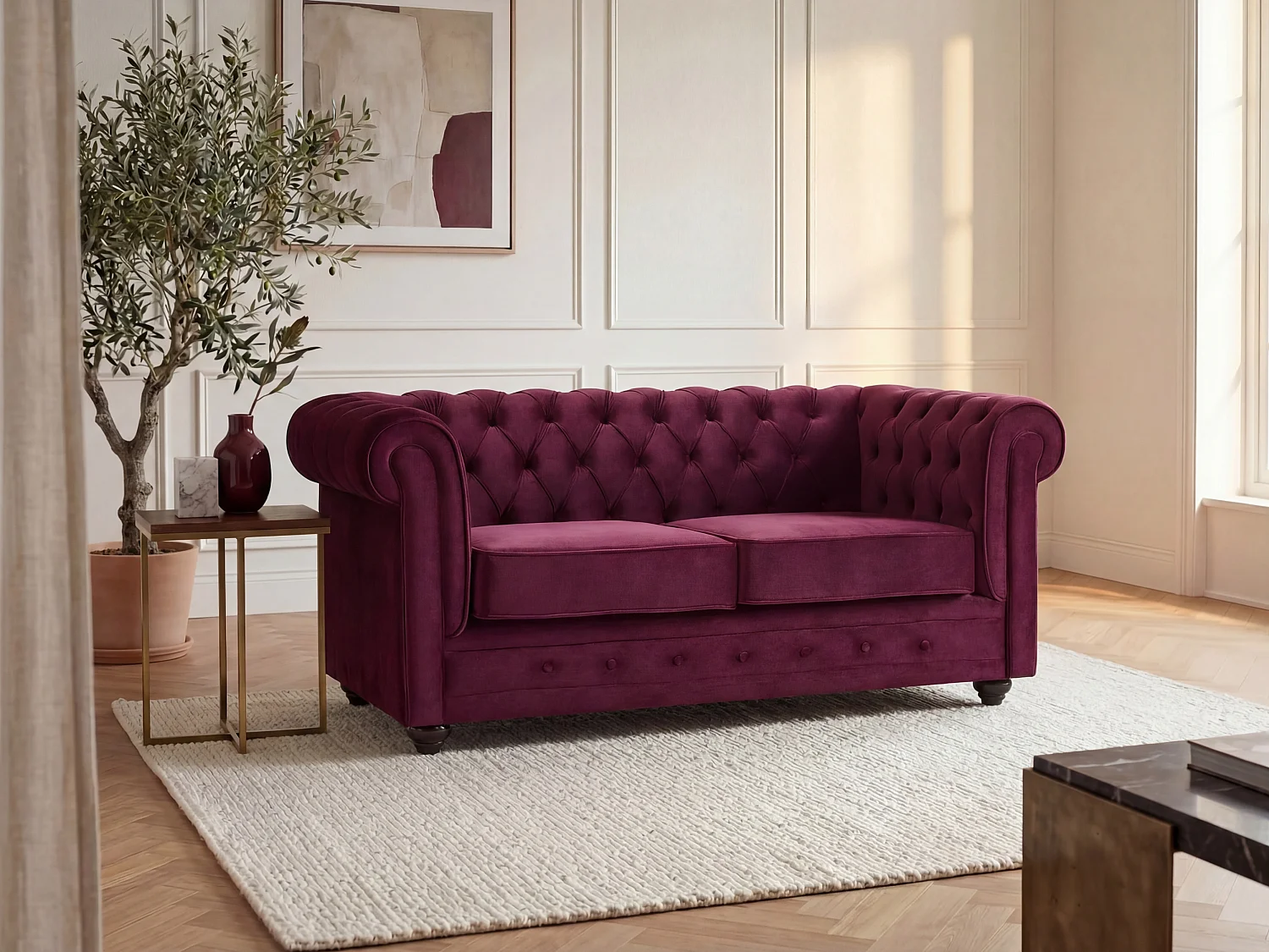 Tweezitsbank van purper velours CHESTERFIELD