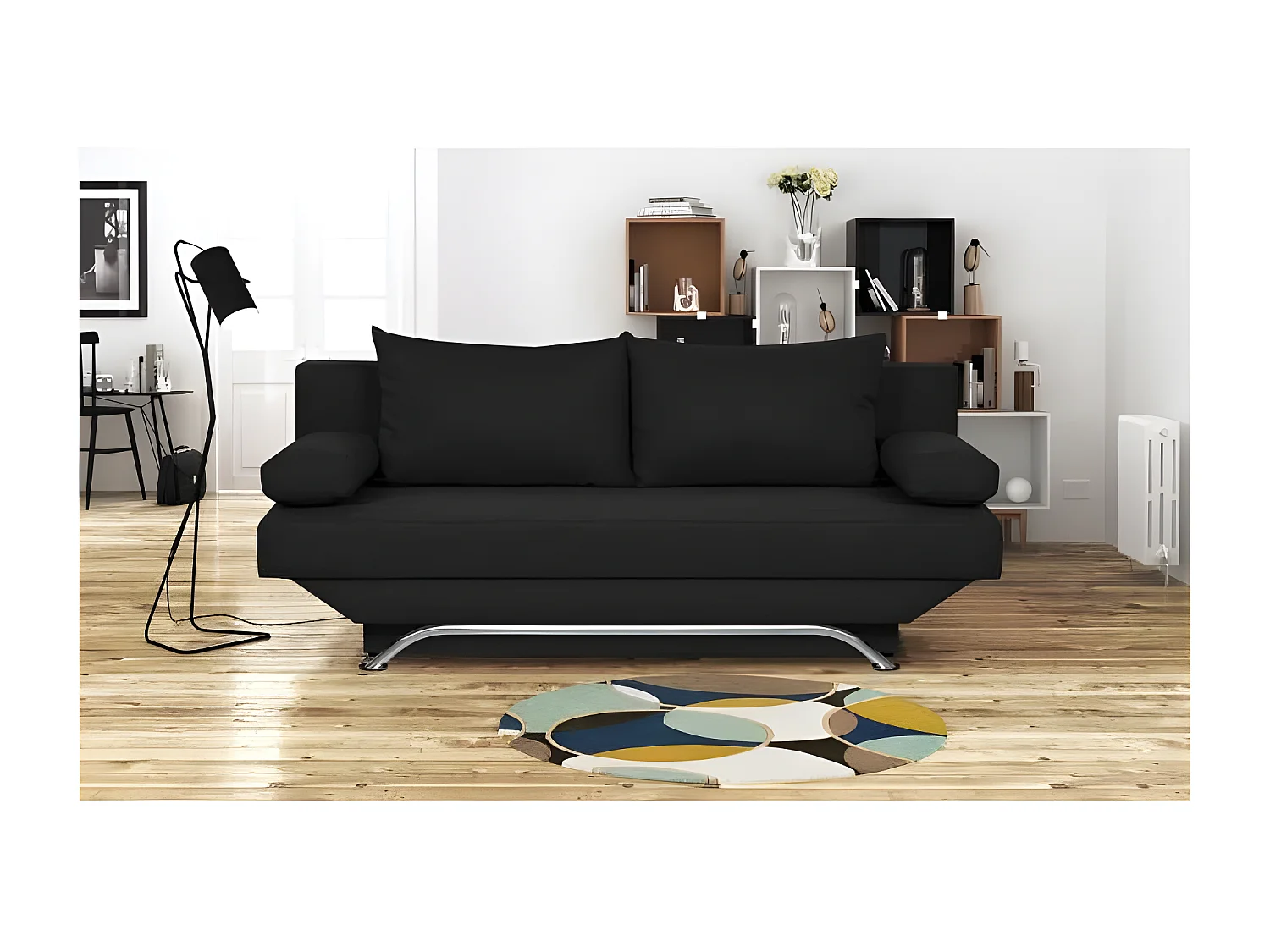 TEIJO Banquette convertible 3 places avec coffre de rangement - Tissu Noir - L 190 x P 84 x H 92 cm