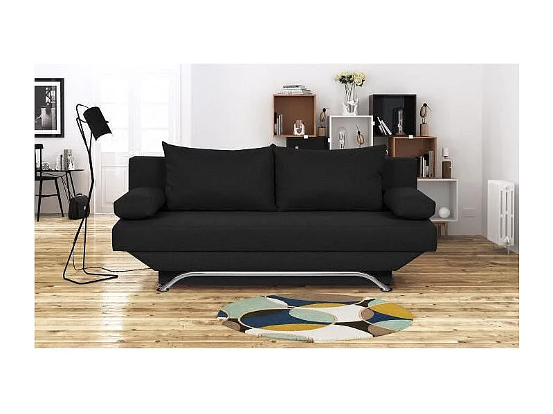 TEIJO Banquette convertible 3 places avec coffre de rangement - Tissu Noir - L 190 x P 84 x H 92 cm