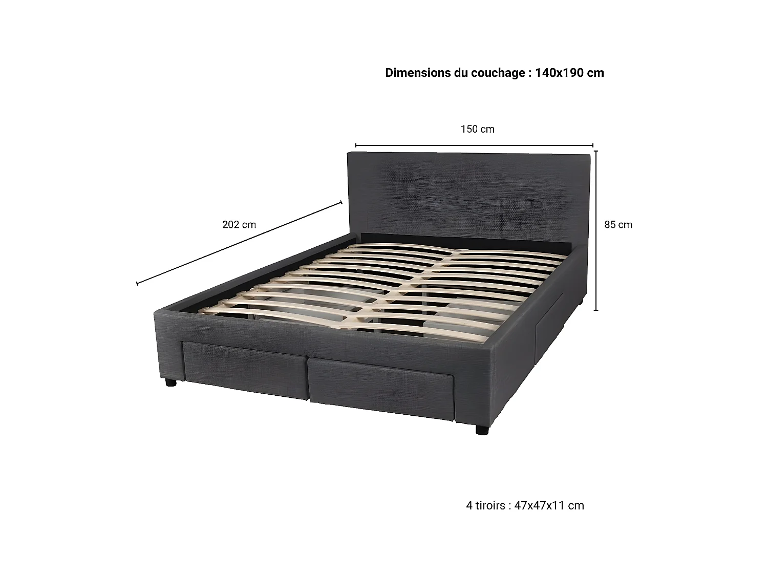 Lit LUGANO 140x190 + 1 sommier + 4 tiroirs / Gris foncé
