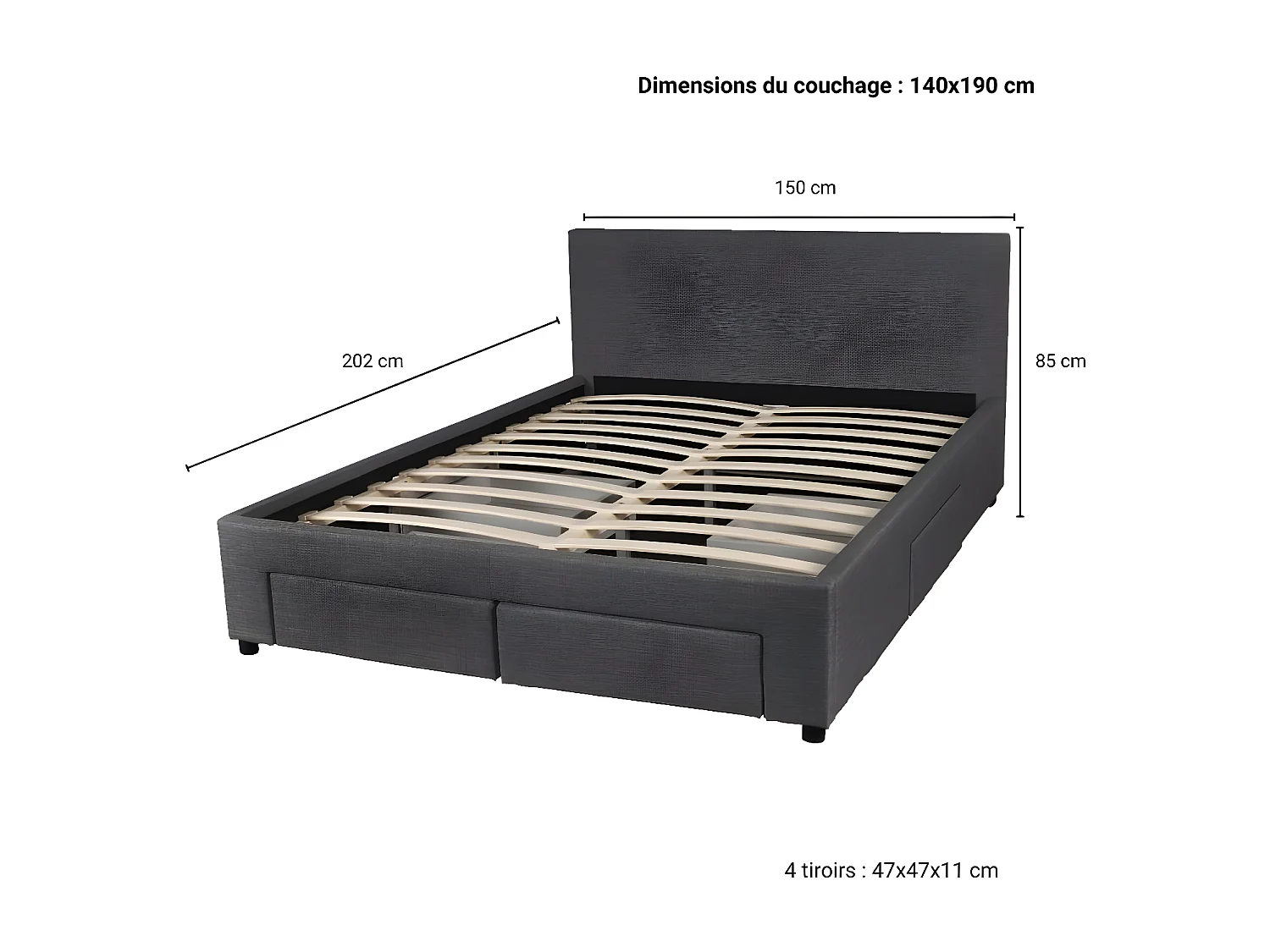 Lit LUGANO 140x190 + 1 sommier + 4 tiroirs / Gris foncé