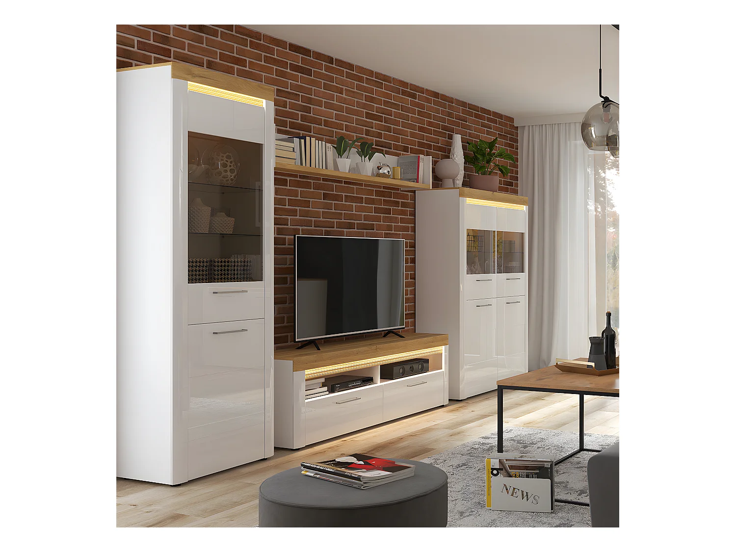 Vitrine 2 portes avec LED Nara Blanc et Bois