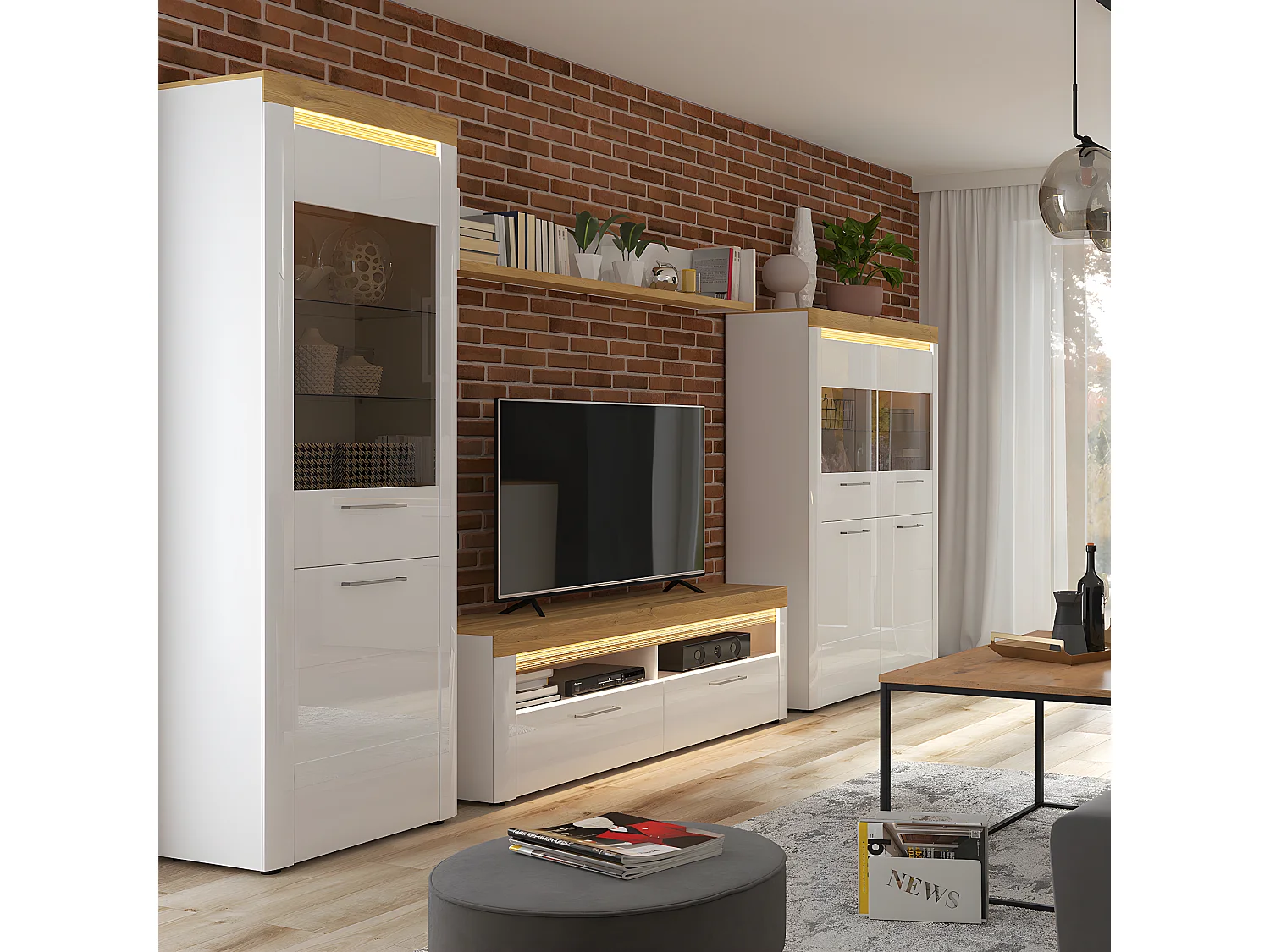 Vitrine 2 portes avec LED Nara Blanc et Bois