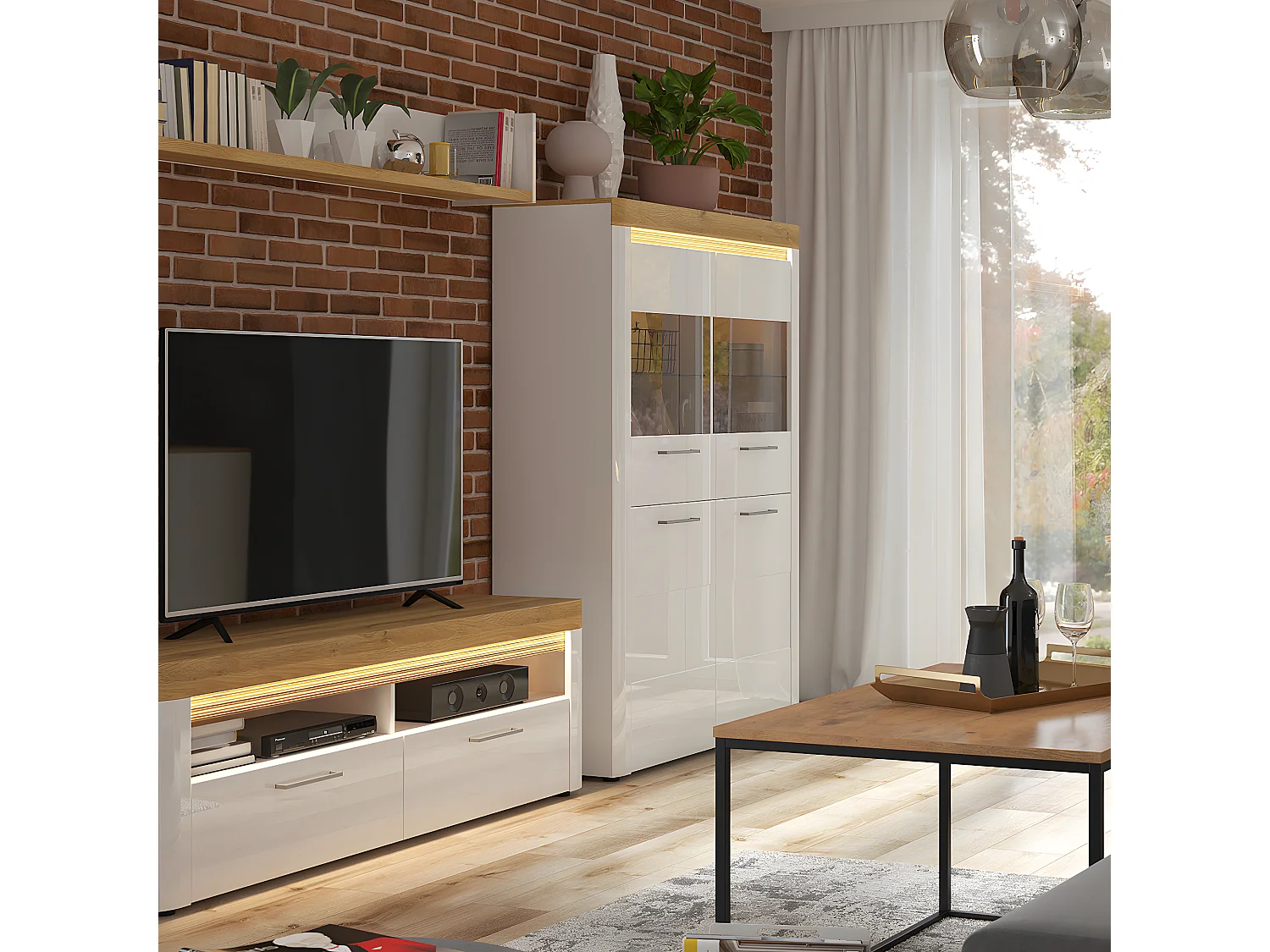 Vaisselier 4 portes avec LED Nara Blanc et Bois