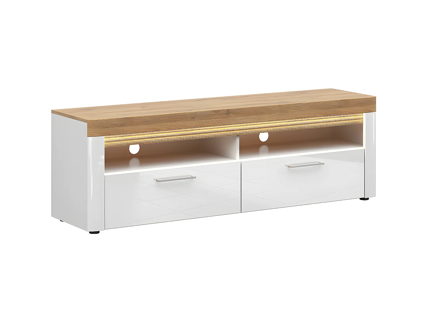 Meuble TV 2 tiroirs 2 niches 166 cm avec LED Nara Blanc et Bois