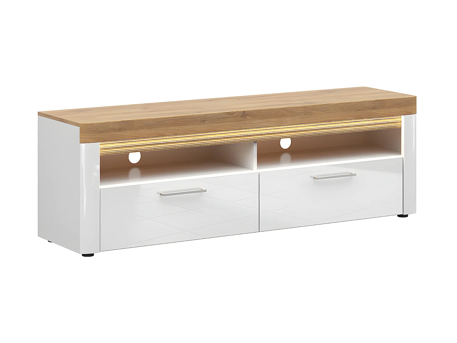 Meuble TV 2 tiroirs 2 niches 166 cm avec LED Nara Blanc et Bois
