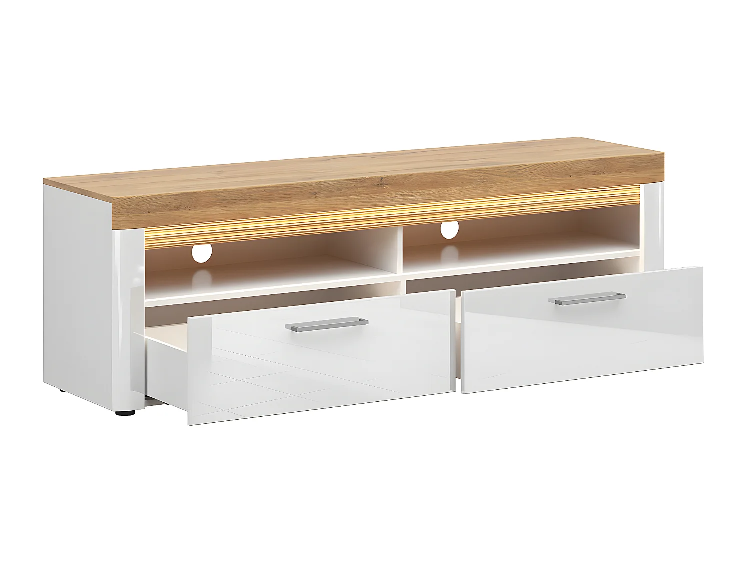 Meuble TV 2 tiroirs 2 niches 166 cm avec LED Nara Blanc et Bois