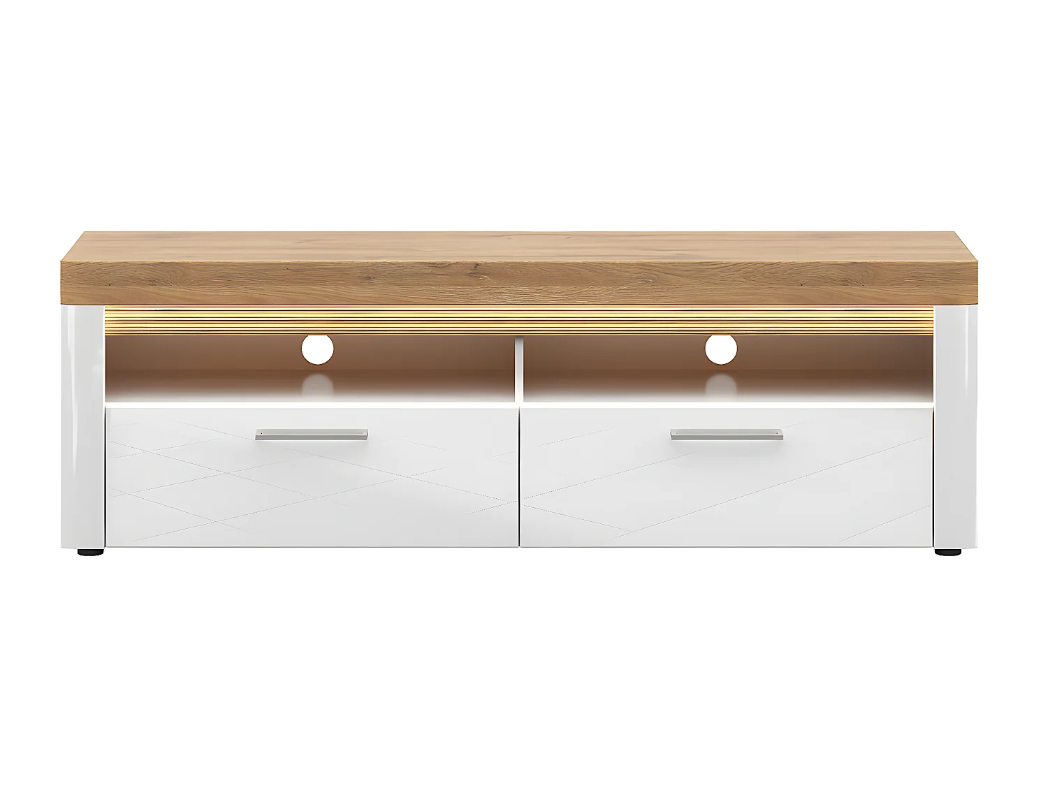 Meuble TV 2 tiroirs 2 niches 166 cm avec LED Nara Blanc et Bois