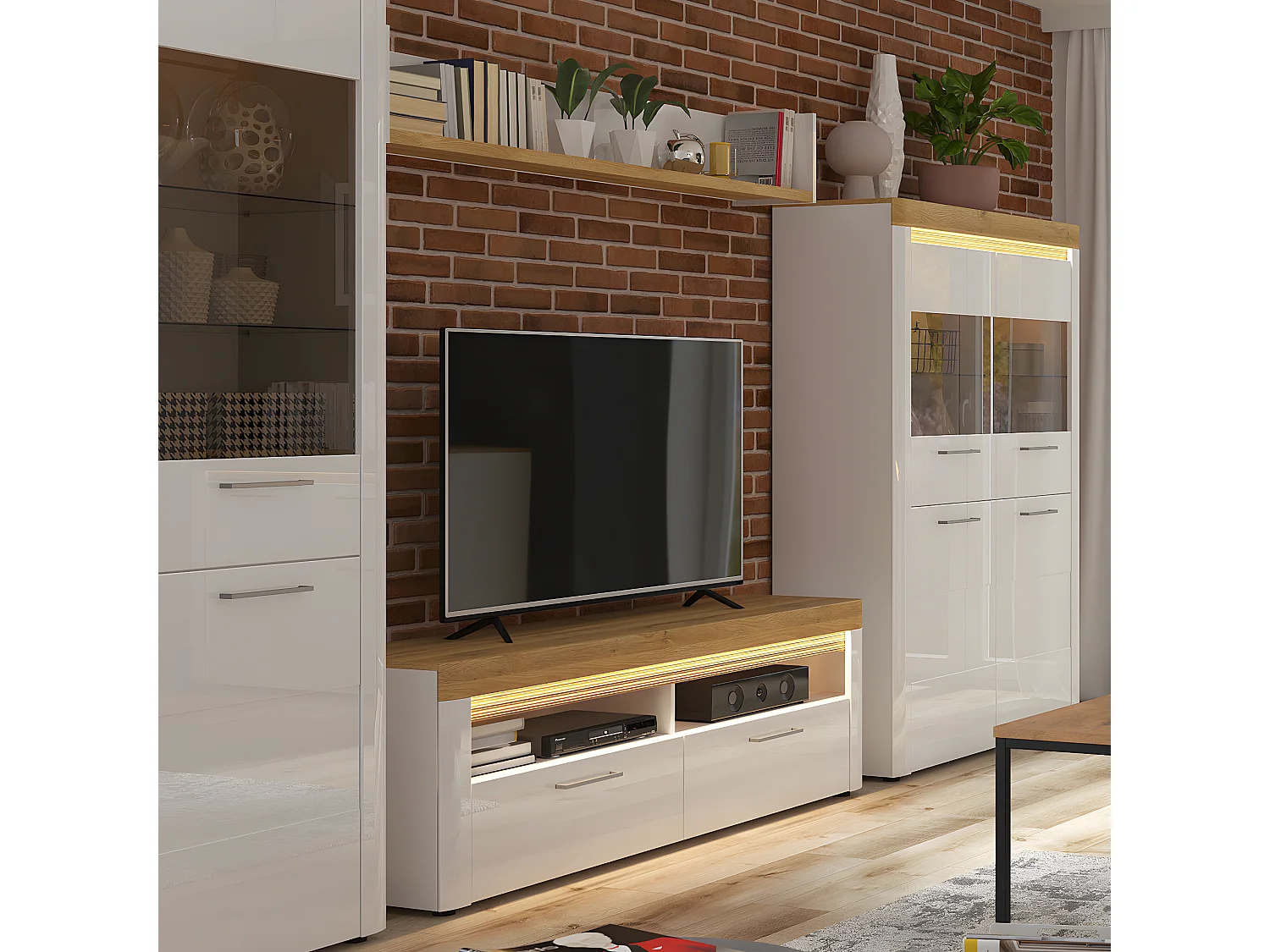 Meuble TV 2 tiroirs 2 niches 166 cm avec LED Nara Blanc et Bois